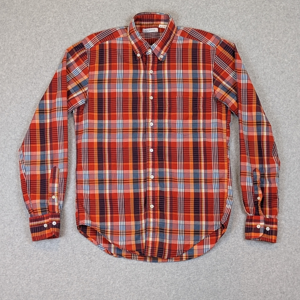 Gustin Plaid Button Shirt Men's Medium Red Slim Fit Lightweight Cotton USA Made